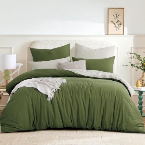 550x550-14835.jpg Unyqoos® Stijlvolle omkeerbare beddengoedset in olijfgroen en beige van microvezel