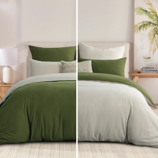 550x550-14836.jpg Unyqoos® Stijlvolle omkeerbare beddengoedset in olijfgroen en beige van microvezel