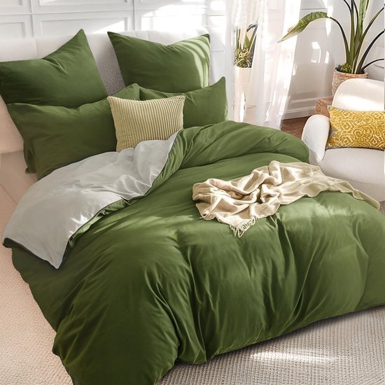 550x550-14838.jpg Unyqoos® Stijlvolle omkeerbare beddengoedset in olijfgroen en beige van microvezel