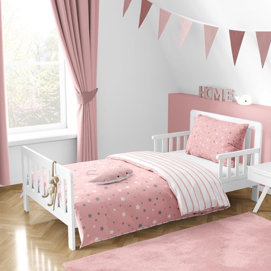 Unyqoos® Betoverend Kinderbeddengoed met Sterrenmotief voor Meisjeskamer, 100% Katoen in Roze en Grijs