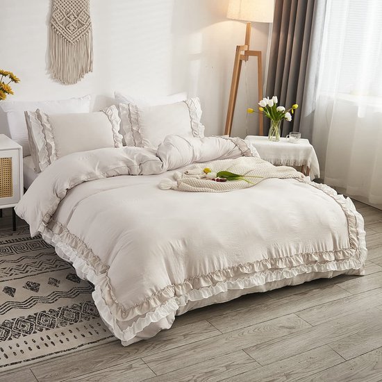 Unyqoos® Beddengoed Set met Romantische Ruches en Ritssluiting in Beige, 220 x 240 cm, Inclusief Kussenslopen