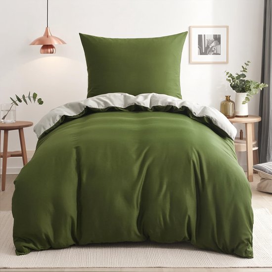 Unyqoos® Ademend katoenen dekbedovertrek met kussensloop in olijfgroen en beige