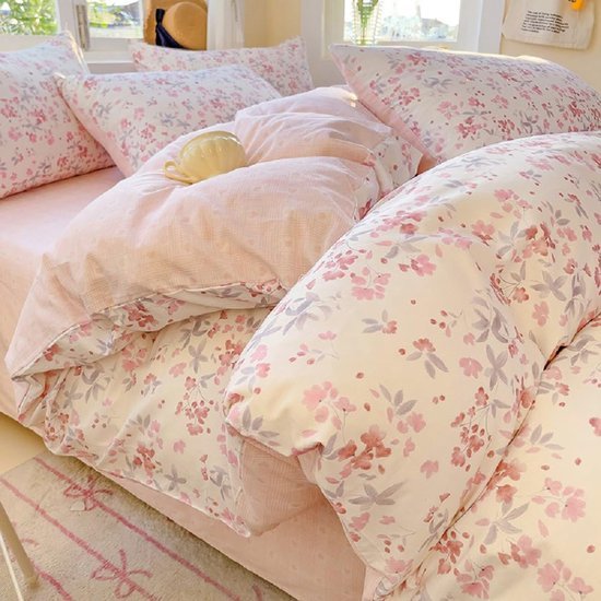 550x550-15047.jpg Unyqoos® Roze Bloemenpatroon Beddengoedset van Microvezel met Omkeerbaar Dekbedovertrek