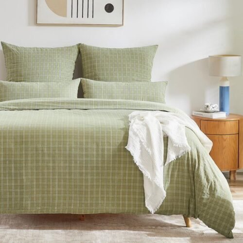 Unyqoos® Appelgroene dekbedovertrekset van gewassen katoen met roosterpatroon en kussenslopen