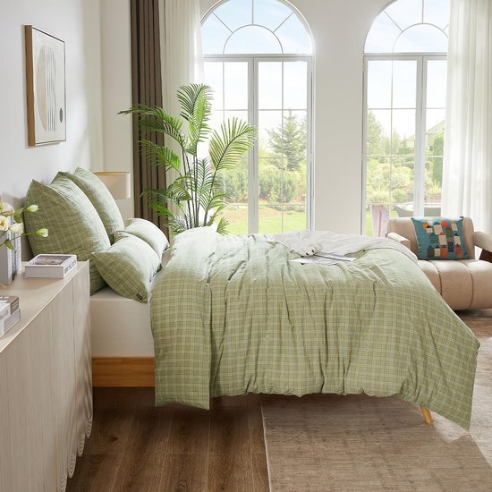 Unyqoos® Appelgroene dekbedovertrekset van gewassen katoen met roosterpatroon en kussenslopen