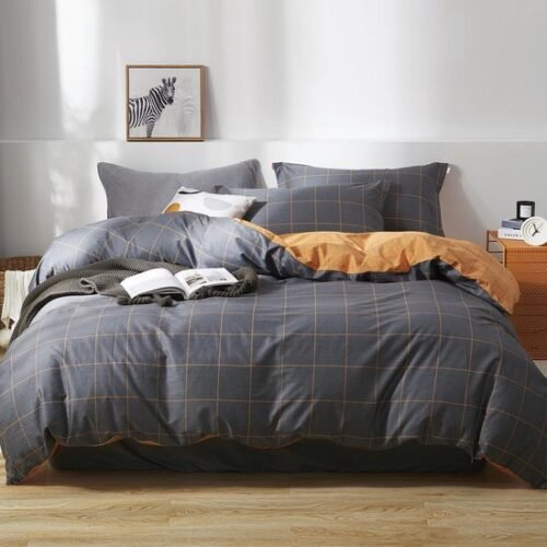 Unyqoos® Moderne grijs-oranje geruite beddengoedset met ritssluiting en kussensloop