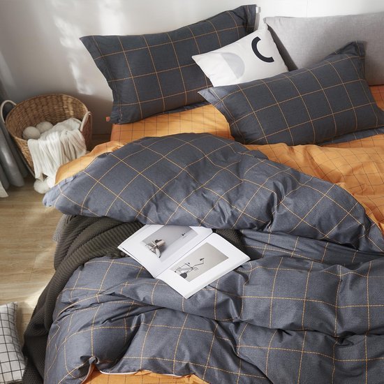 Unyqoos® Moderne grijs-oranje geruite beddengoedset met ritssluiting en kussensloop