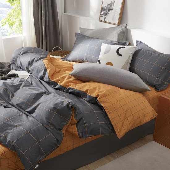 Unyqoos® Moderne grijs-oranje geruite beddengoedset met ritssluiting en kussensloop