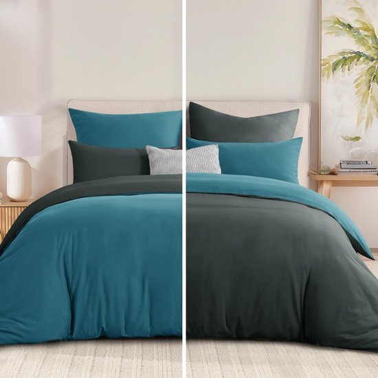 550x550-15152.jpg Unyqoos® Omkeerbaar beddengoed 3-delig set met ritssluiting in turquoise en grijs