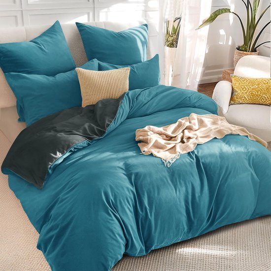 550x550-15153.jpg Unyqoos® Omkeerbaar beddengoed 3-delig set met ritssluiting in turquoise en grijs
