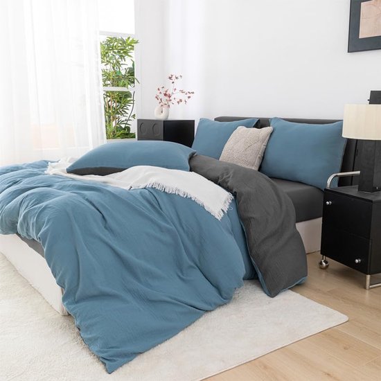 Unyqoos® Ademende katoenen beddengoedset marineblauw met kussensloop en ritssluiting