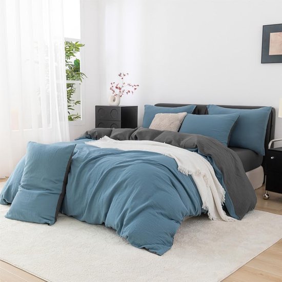 Unyqoos® Ademende katoenen beddengoedset marineblauw met kussensloop en ritssluiting