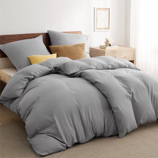 Unyqoos® Grijze vierdelige beddengoedset van microvezel met ritssluiting en kussenslopen