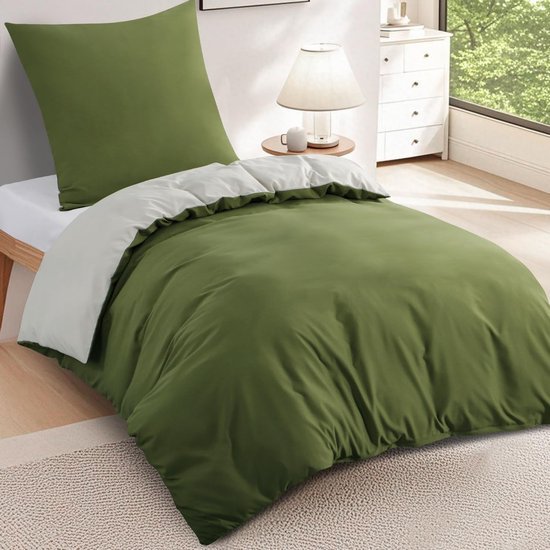 Unyqoos® Omkeerbaar en strijkvrij beddengoedset met ritssluiting in olijfgroen en beige