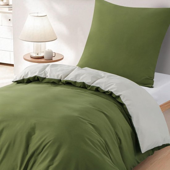Unyqoos® Omkeerbaar en strijkvrij beddengoedset met ritssluiting in olijfgroen en beige