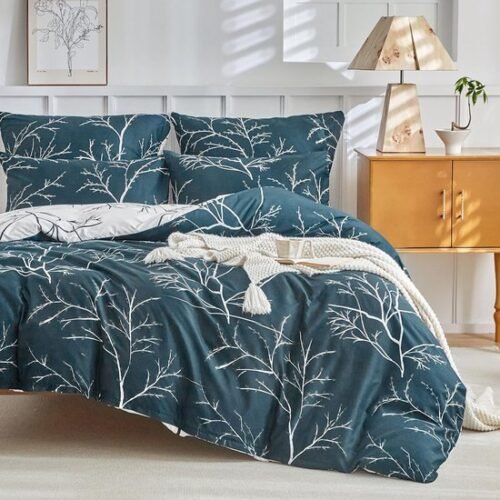 Unyqoos® Luxe beddengoedset met tropisch bladpatroon en kussenslopen, marineblauw