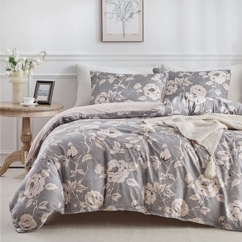 Unyqoos® Elegante grijze bloemenprint dekbedovertrekset met microvezel en rits