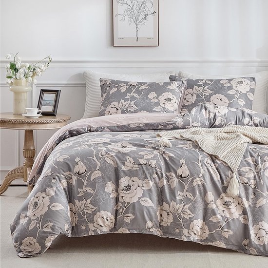 Unyqoos® Elegante grijze bloemenprint dekbedovertrekset met microvezel en rits
