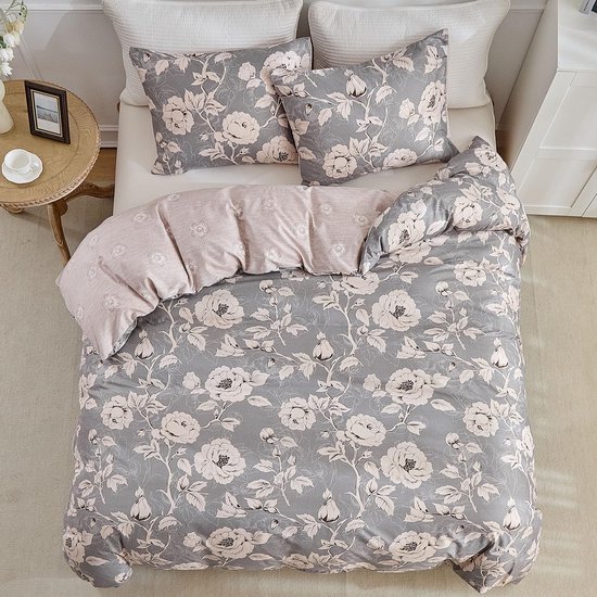Unyqoos® Elegante grijze bloemenprint dekbedovertrekset met microvezel en rits