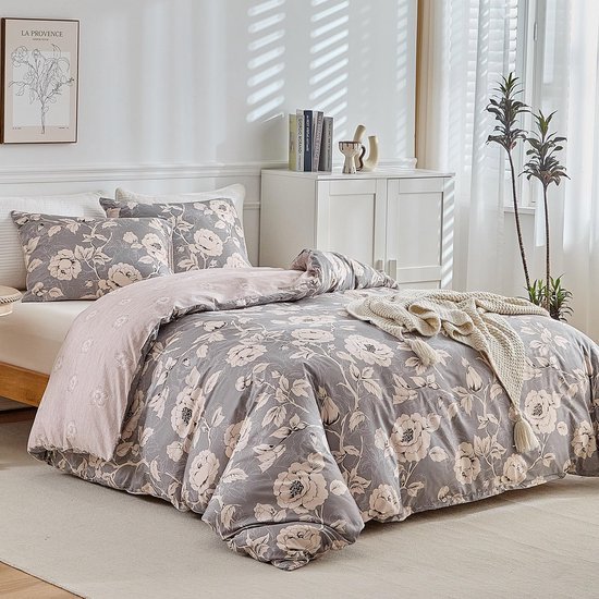 Unyqoos® Elegante grijze bloemenprint dekbedovertrekset met microvezel en rits
