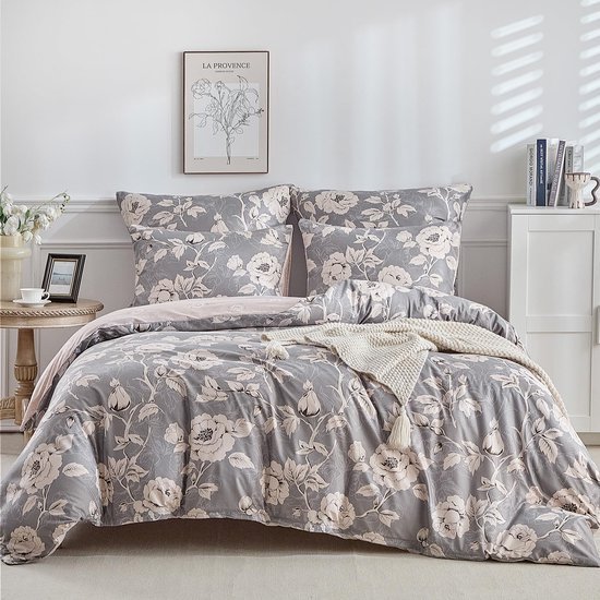 Unyqoos® Elegante grijze bloemenprint dekbedovertrekset met microvezel en rits