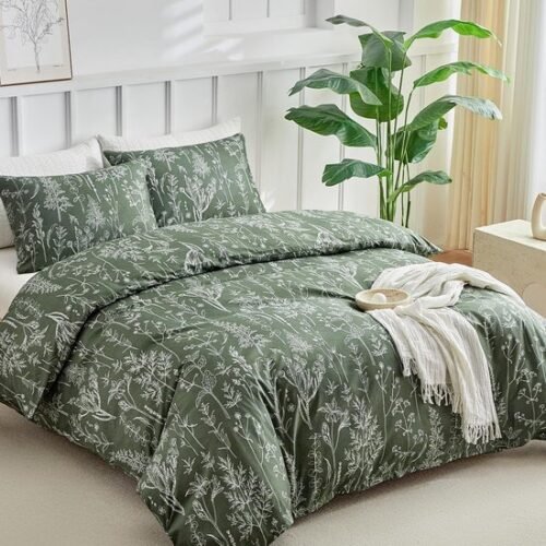 Unyqoos® Elegant Olijfgroen Beddengoedset van Microvezel met Saliepatroon en Ritssluiting