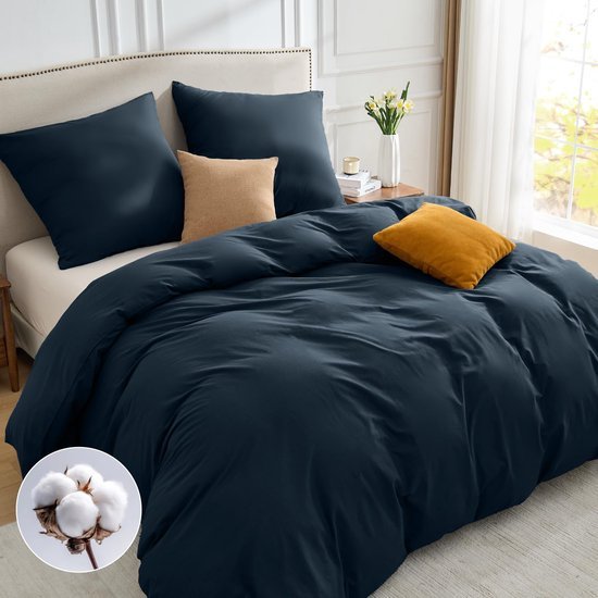 Unyqoos® Donkerblauwe katoenen beddengoedset met ritssluiting voor ultiem slaapcomfort