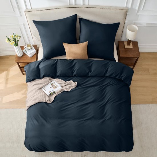 Unyqoos® Donkerblauwe katoenen beddengoedset met ritssluiting voor ultiem slaapcomfort