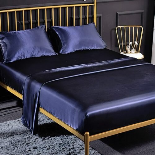 Unyqoos® Glanzend hoeslaken set met kussenslopen in navy blauw voor matrassen