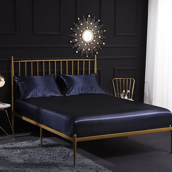 Unyqoos® Glanzend hoeslaken set met kussenslopen in navy blauw voor matrassen