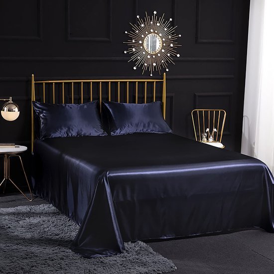 Unyqoos® Glanzend hoeslaken set met kussenslopen in navy blauw voor matrassen
