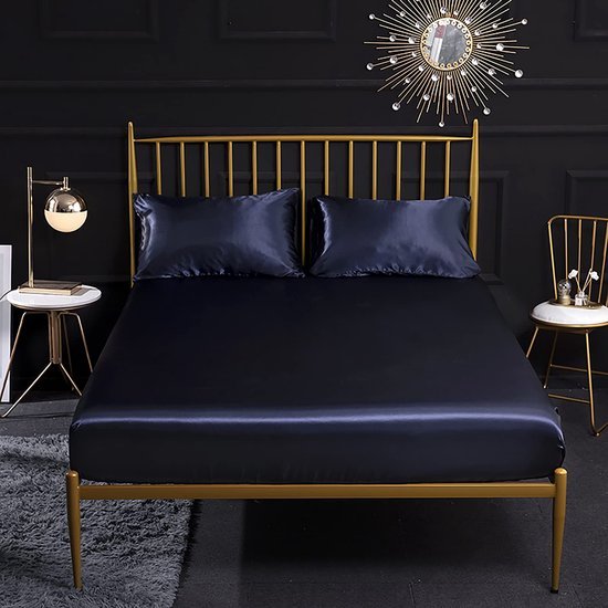 Unyqoos® Glanzend hoeslaken set met kussenslopen in navy blauw voor matrassen