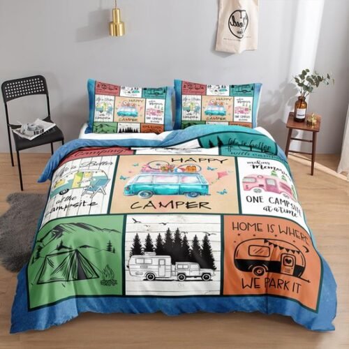 550x550-15499.jpg Unyqoos® Stijlvolle beddengoedset met campingwagen print voor eenpersoonsbed 135x200 cm