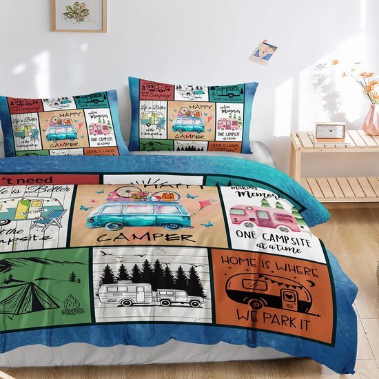 550x550-15501.jpg Unyqoos® Stijlvolle beddengoedset met campingwagen print voor eenpersoonsbed 135x200 cm