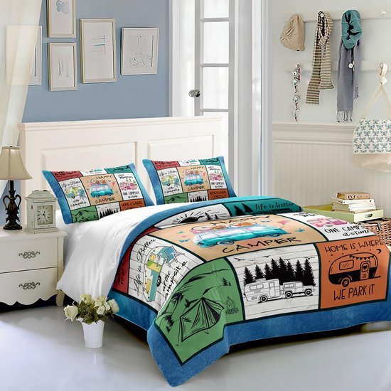 550x550-15502.jpg Unyqoos® Stijlvolle beddengoedset met campingwagen print voor eenpersoonsbed 135x200 cm