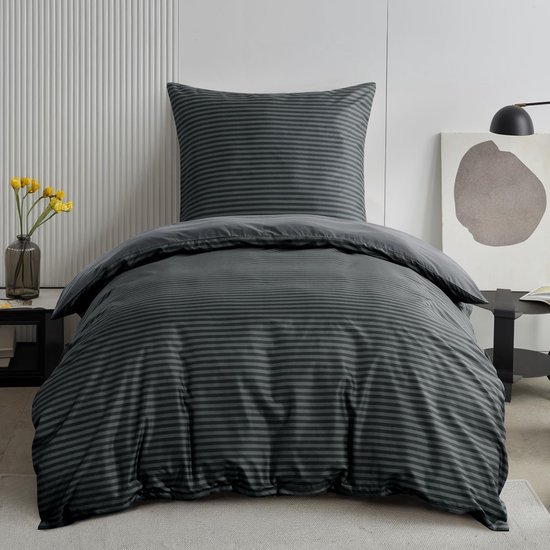 Unyqoos® Zacht en strijkvrij microvezel beddengoed met gestreept antraciet patroon