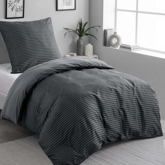 Unyqoos® Zacht en strijkvrij microvezel beddengoed met gestreept antraciet patroon