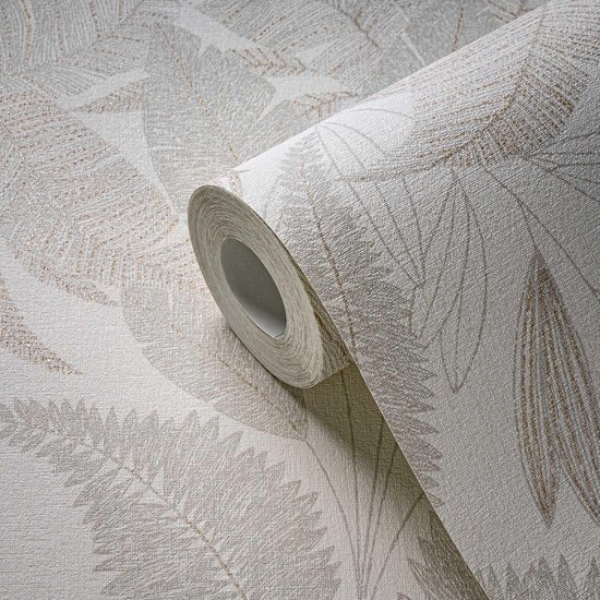 550x550-15704.jpg Unyqoos® Elegant crèmekleurig behang met palmbladeren en gouden metallic accenten