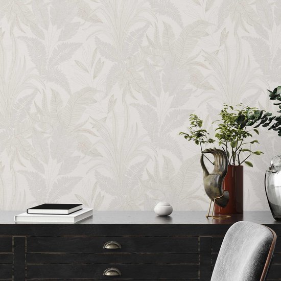 550x550-15705.jpg Unyqoos® Elegant crèmekleurig behang met palmbladeren en gouden metallic accenten