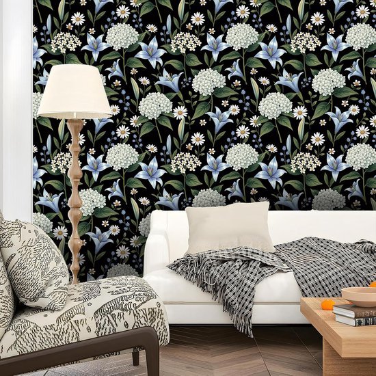 Unyqoos® Zelfklevend vintage bloemenbehang met zwarte achtergrond voor interieurdecoratie