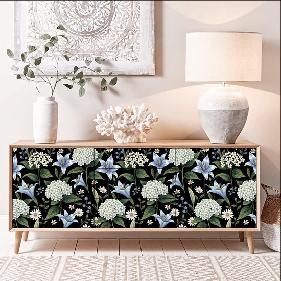 Unyqoos® Zelfklevend vintage bloemenbehang met zwarte achtergrond voor interieurdecoratie