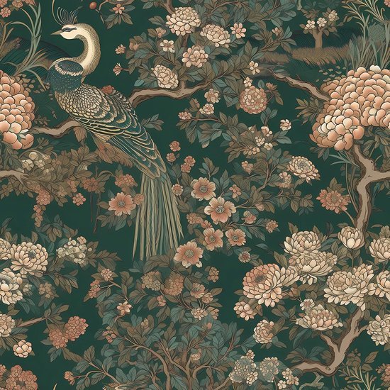 550x550-15856.jpg Unyqoos® Donkergroen zelfklevend behang met bloemen en pauwen voor diverse ruimtes