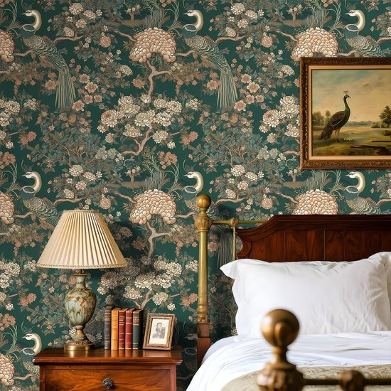 550x550-15857.jpg Unyqoos® Donkergroen zelfklevend behang met bloemen en pauwen voor diverse ruimtes