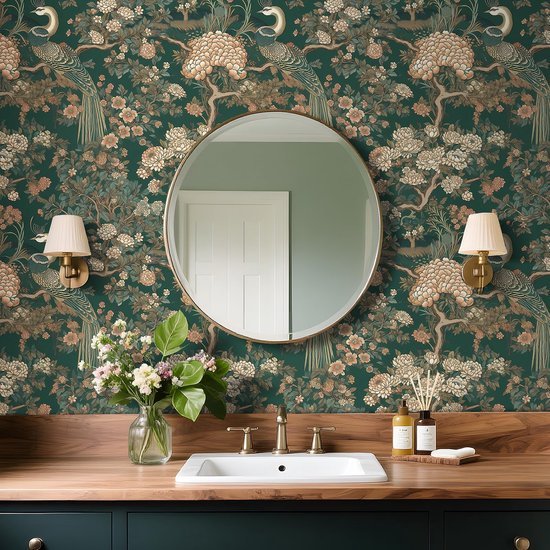 550x550-15858.jpg Unyqoos® Donkergroen zelfklevend behang met bloemen en pauwen voor diverse ruimtes