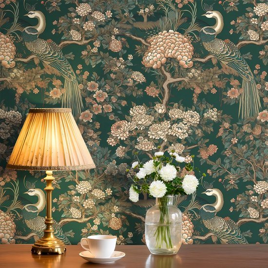 550x550-15860.jpg Unyqoos® Donkergroen zelfklevend behang met bloemen en pauwen voor diverse ruimtes