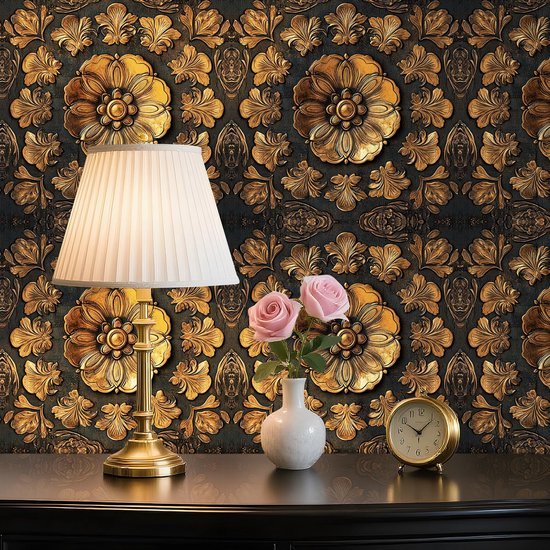 550x550-16571.jpg Unyqoos® Zelfklevend bloemenbehang met goud en zwart voor luxe interieur