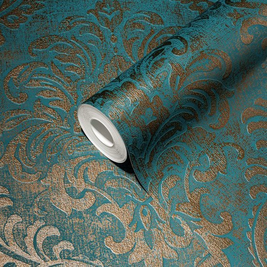Unyqoos® Klassiek blauw en goud vliesbehang met barokmotief voor iedere ruimte