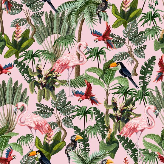 Unyqoos® Zelfklevend tropisch bloemenbehang met flamingo's voor een exotische woonstijl