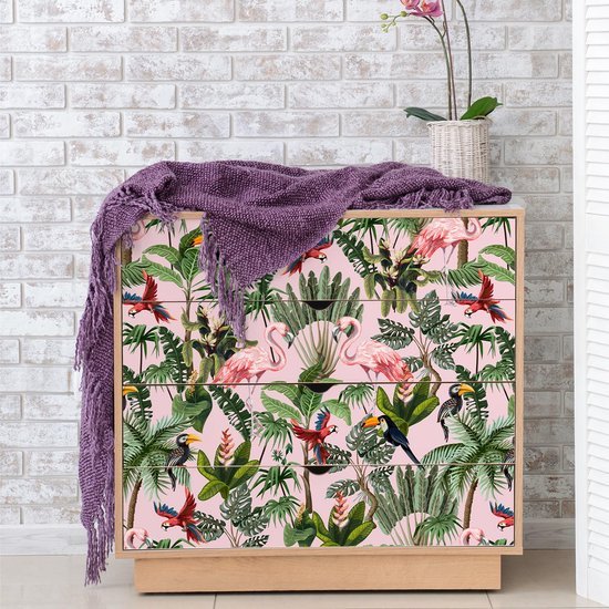 Unyqoos® Zelfklevend tropisch bloemenbehang met flamingo's voor een exotische woonstijl