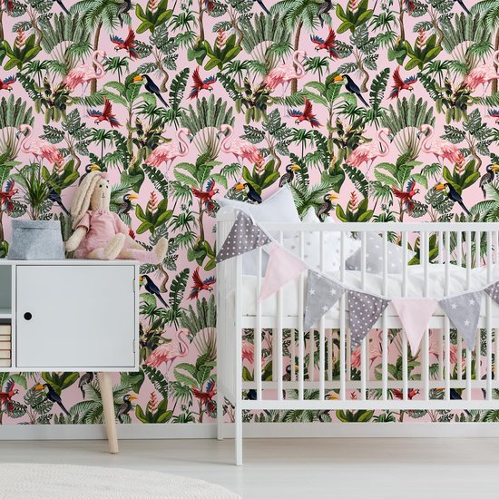 Unyqoos® Zelfklevend tropisch bloemenbehang met flamingo's voor een exotische woonstijl
